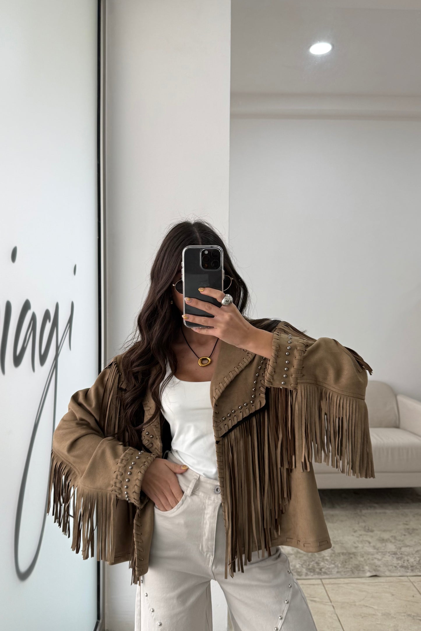 Suede-Effect Jacket with Fringe and Studded Details