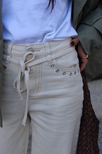 Cream Denim Pants with Eyelet Detail