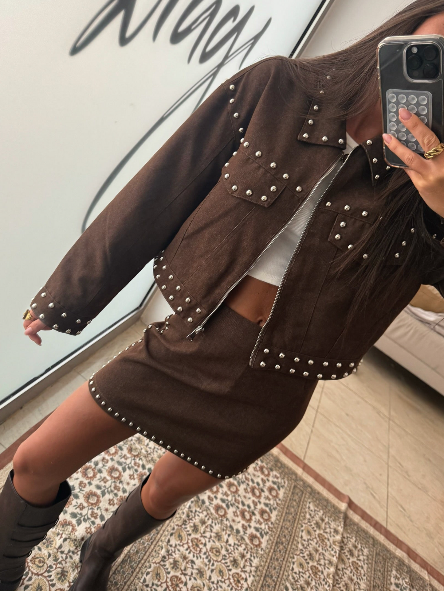 Brown Denim Set with Stud Details