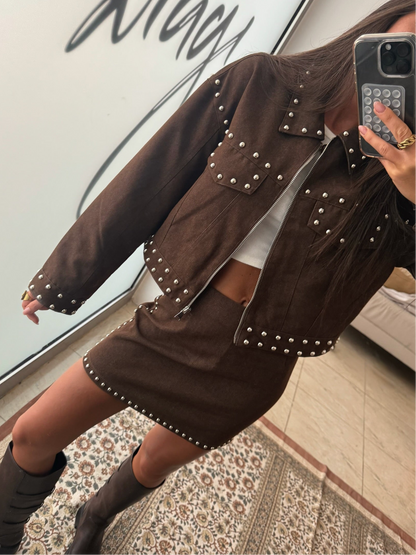 Brown Denim Set with Stud Details
