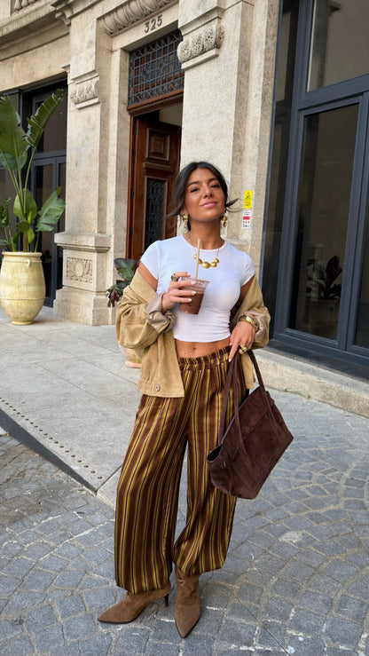 Mocha Stripe Balloon Satin Trousers
