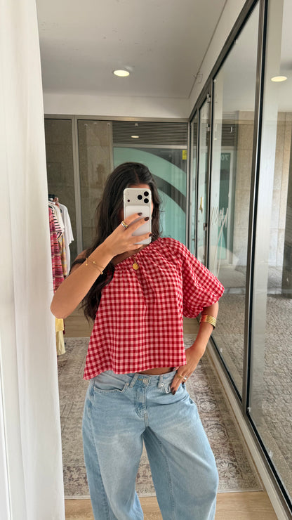 Pink & Red Gingham Asymmetric Top