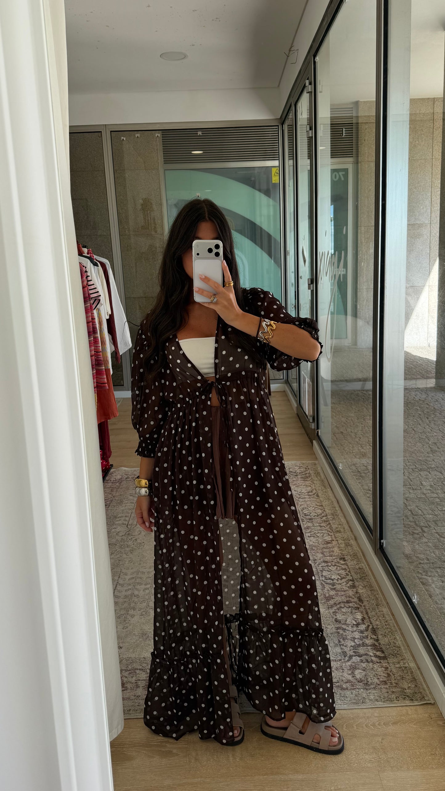 Polka Dot Sheer Maxi Kimono in Brown