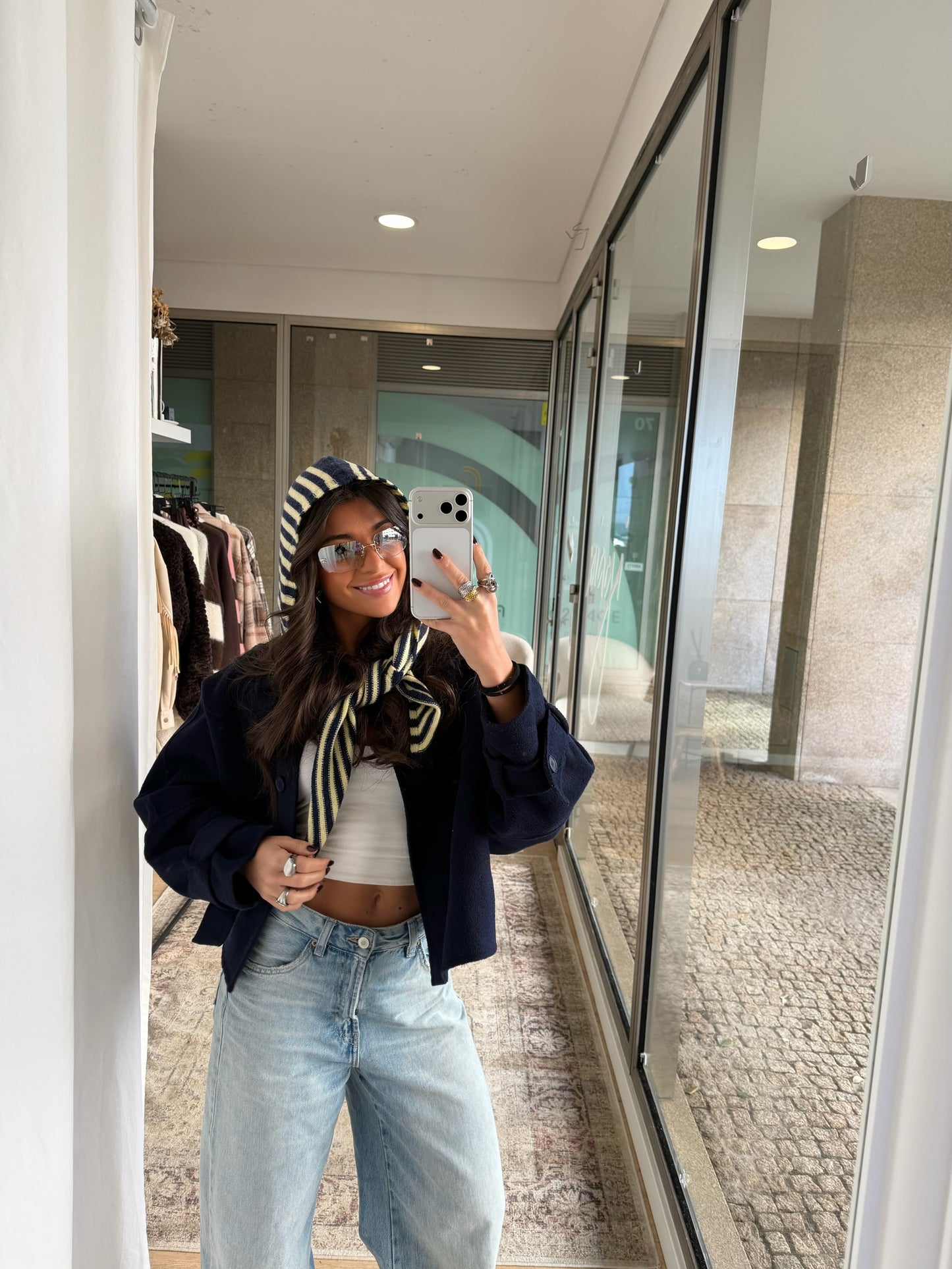 Striped Hooded Knit Scarf in Navy & Butter Yellow