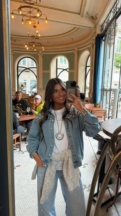 Soft Blue Denim Jacket with Bold Studs