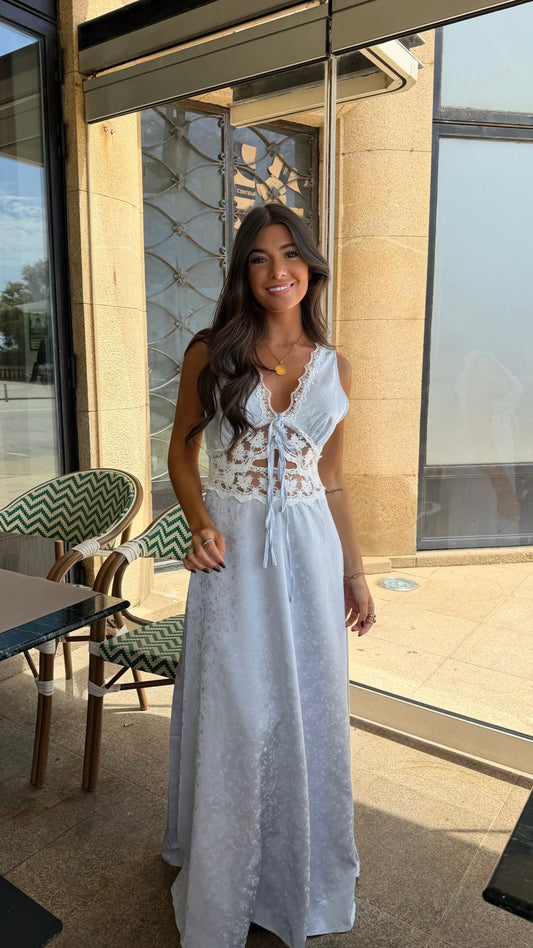 Blue Satin Lace Maxi Dress