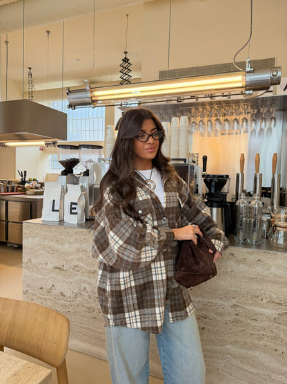 Coffee-Tone Plaid Overshirt