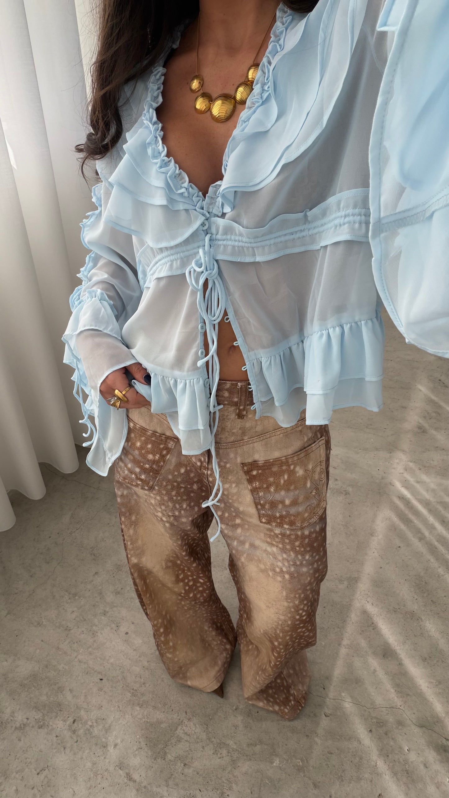 Ice Blue Sheer Ruffle Blouse