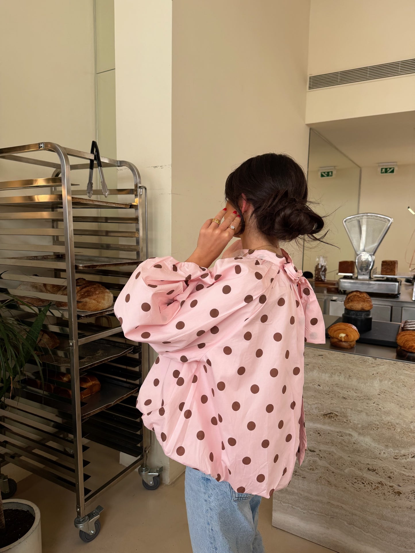 Pink Polka Dot Bow Back Blouse