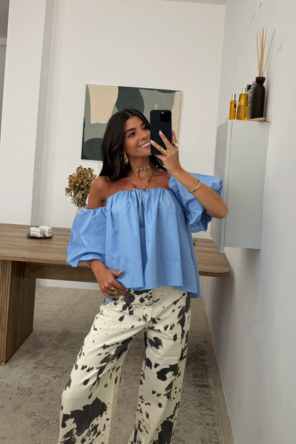 Blue Top with Balloon Sleeves