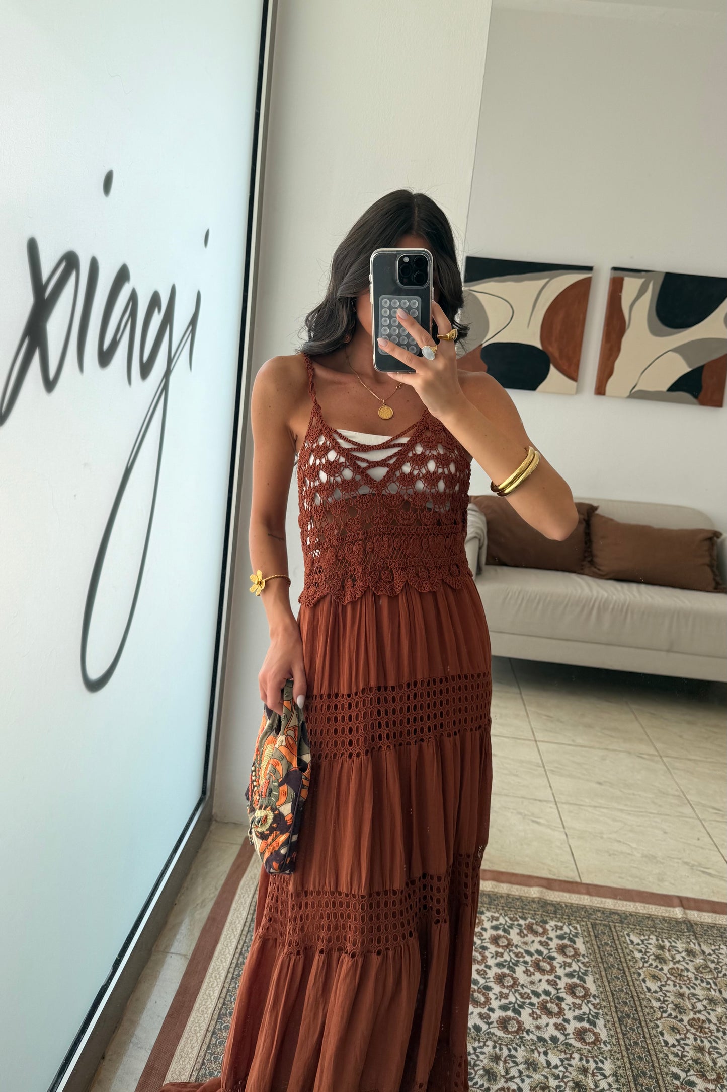 Crochet Trim Maxi Dress in Terracotta