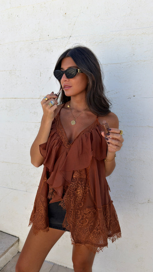 Rust Lace Ruffle Top
