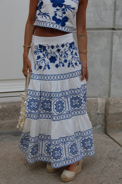 Skirt and Top Set with Electric Blue Embroidery