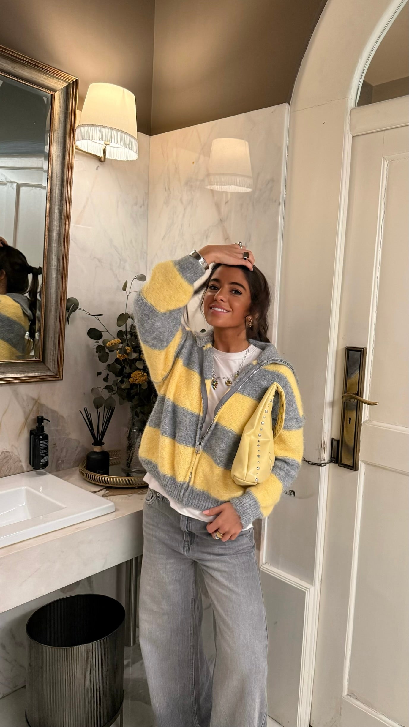 Yellow & Grey Striped Knit Zip Jacket