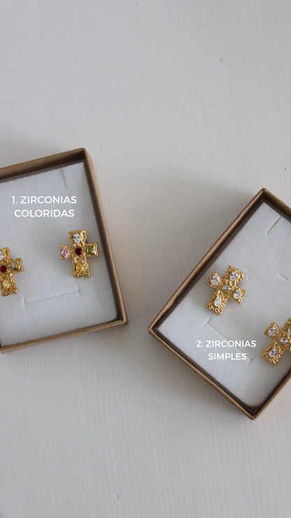 Cross Earrings with Hammered Finish and Zirconia