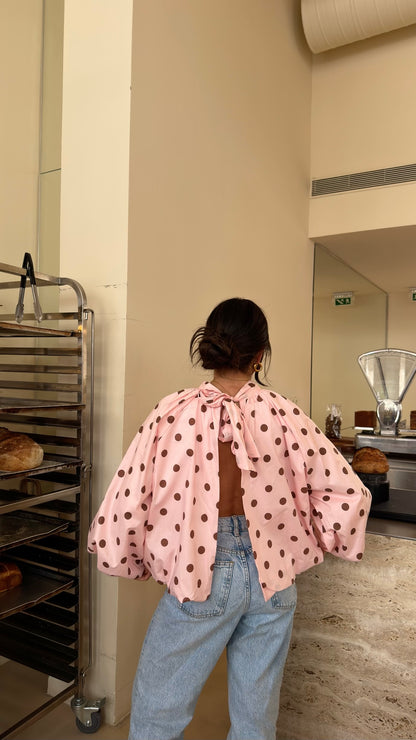 Pink Polka Dot Bow Back Blouse