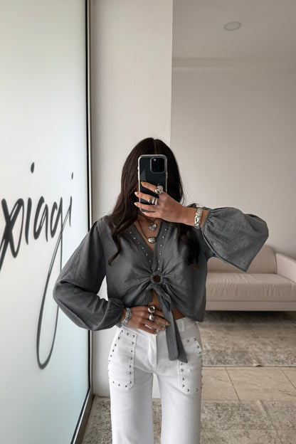 Cropped Top with Star Studs In Grey