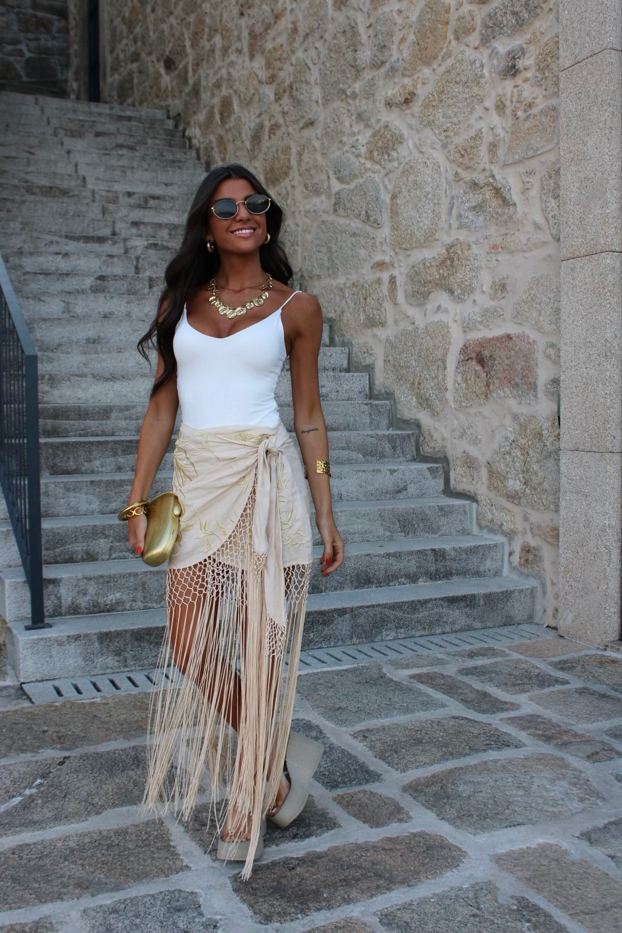 Golden-Detail Fringed Skirt