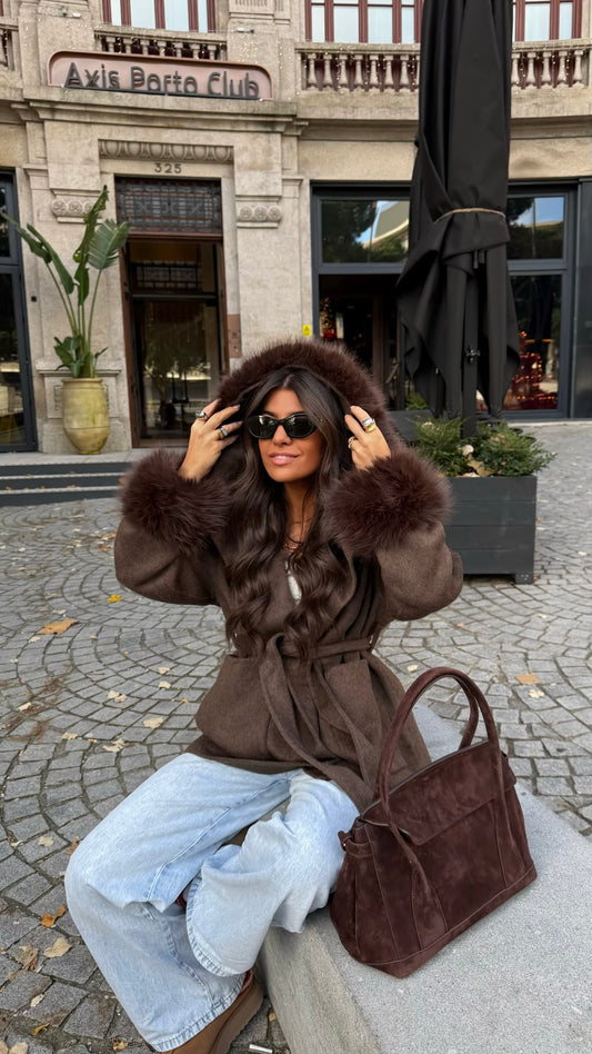 Wool Belted Coat with Faux Fur Details in Brown