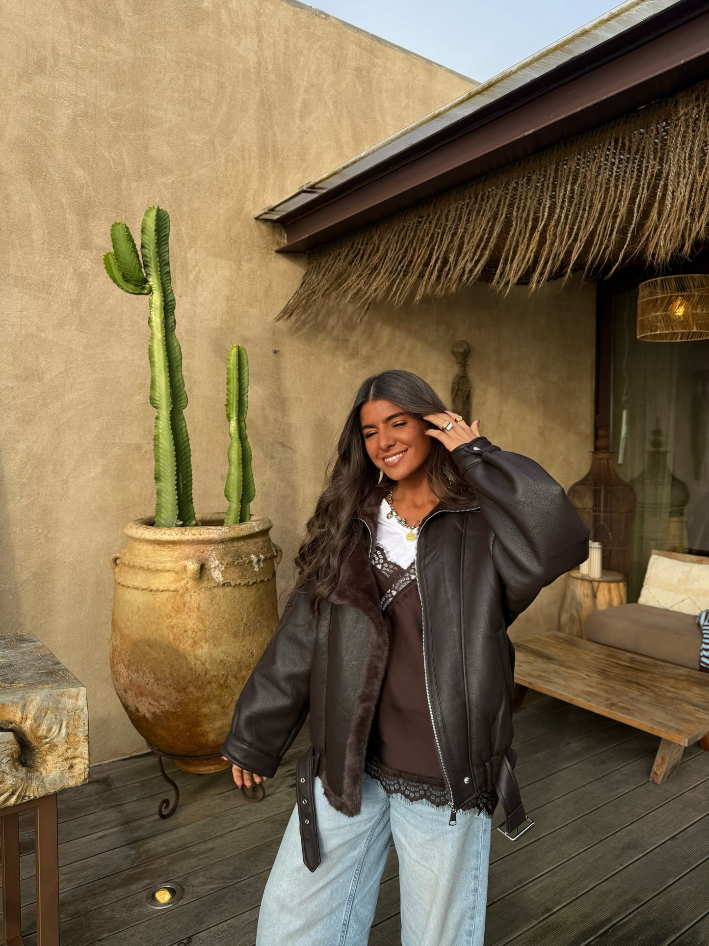 Chocolate Faux Fur Lined Aviator Jacket