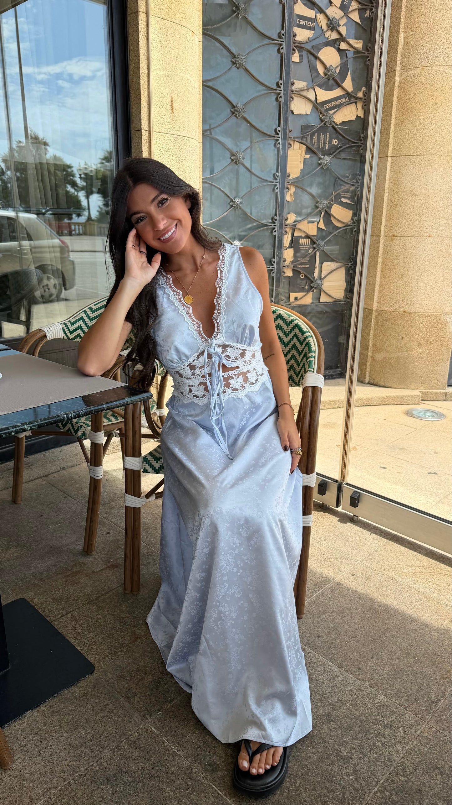 Blue Satin Lace Maxi Dress