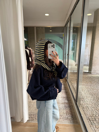 Striped Hooded Knit Scarf in Navy & Butter Yellow