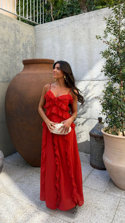 Scarlet Ruffle Maxi Dress