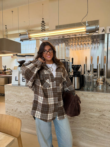 Coffee-Tone Plaid Overshirt