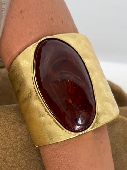 Gold Cuff Bracelet with Amber Stone