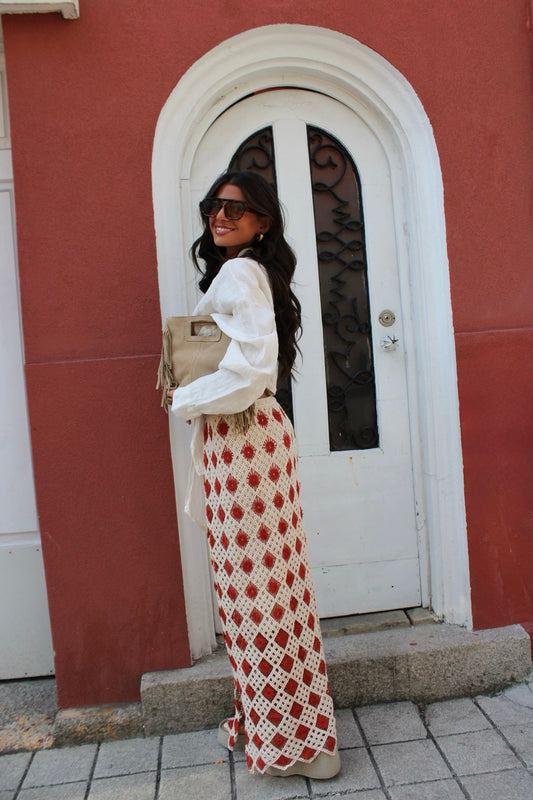 Two-Tone Crochet Maxi Skirt: Beige and Terracotta