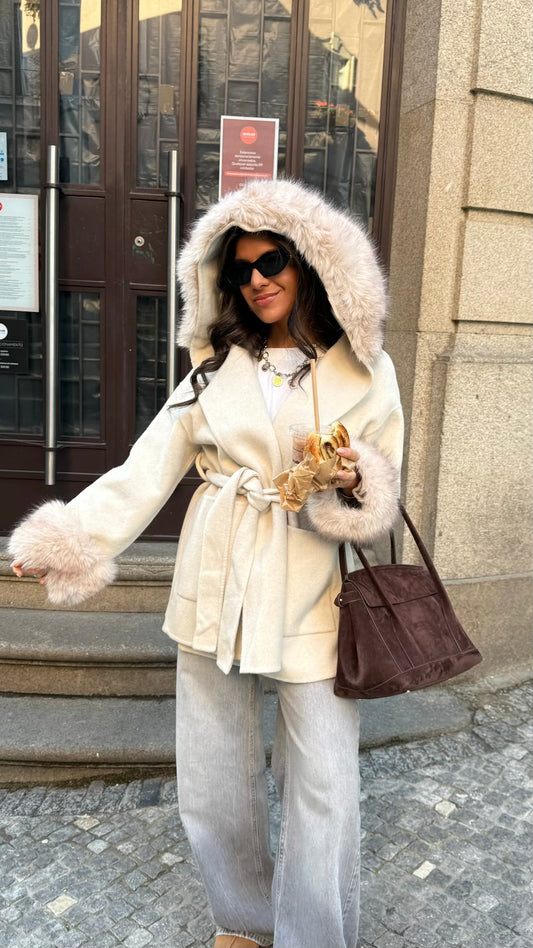 Wool Belted Coat with Faux Fur Details