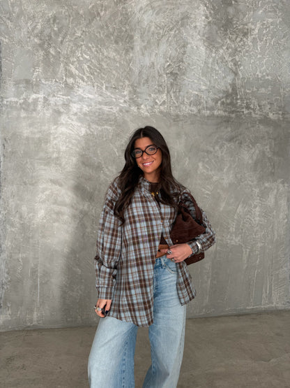 Plaid Shirt in Brown and Sky Blue Tones