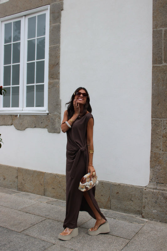 Long Dress with Side Knot in Brown