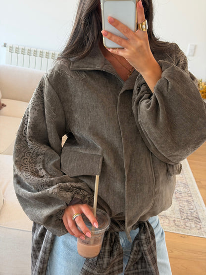 Velvet Bomber Jacket with Lace Details