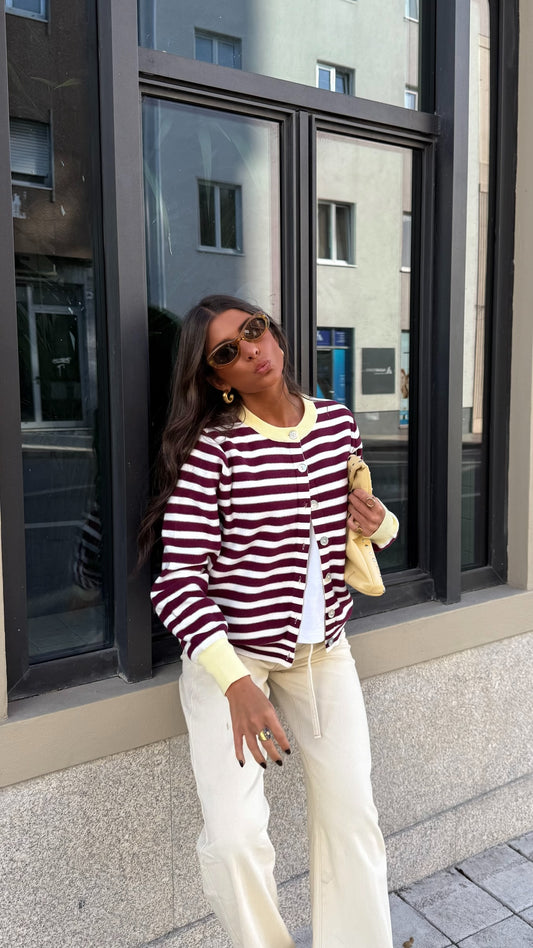 Striped Cardigan in Burgundy w/ Butter Yellow Accents | Pre-order (shipping on October 8)