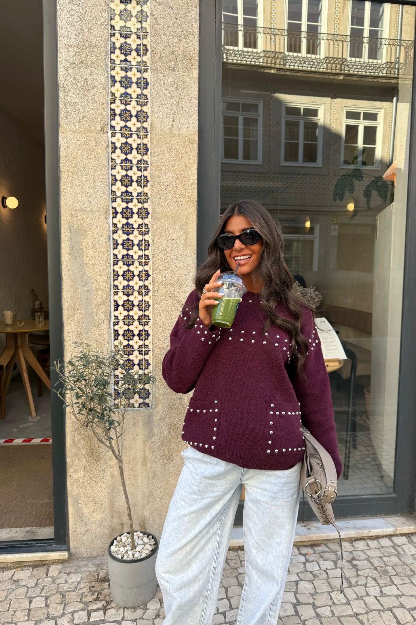 Wine Studded Knit Sweater