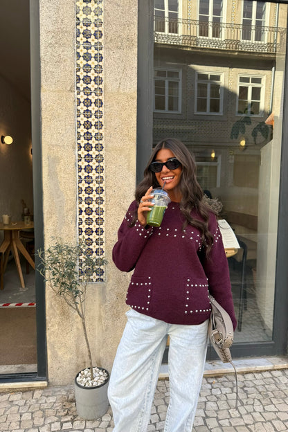 Wine Studded Knit Sweater