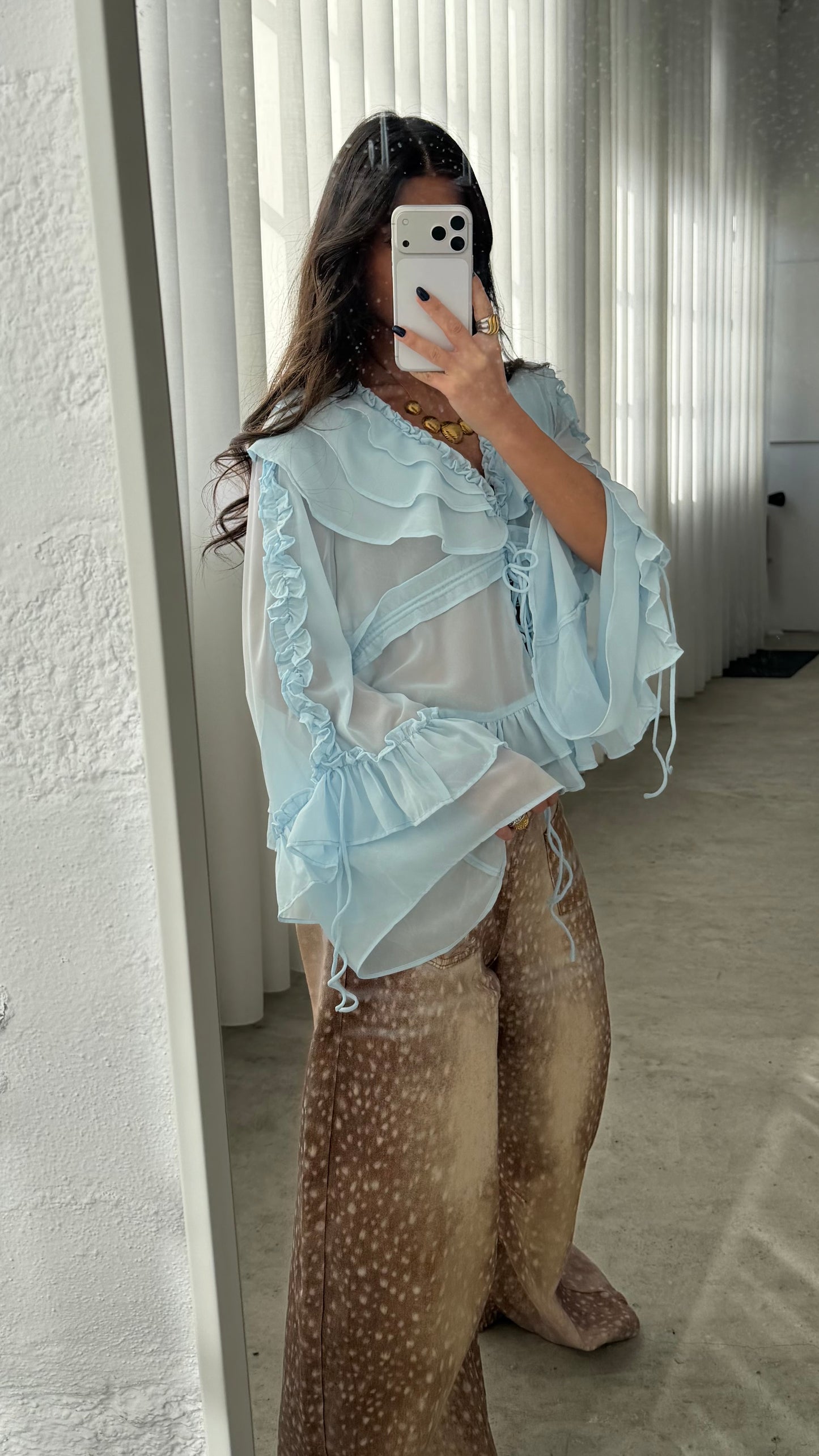 Ice Blue Sheer Ruffle Blouse