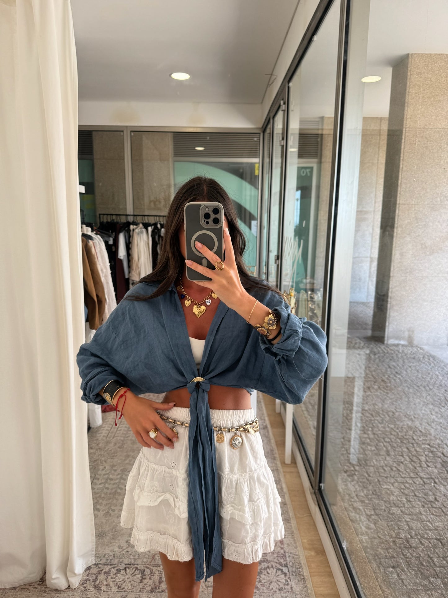 Smoky Blue Linen Shirt with Gold Ring Detail
