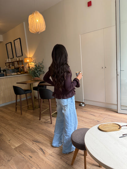 Brown Ruffle Trim Ribbed Blouse