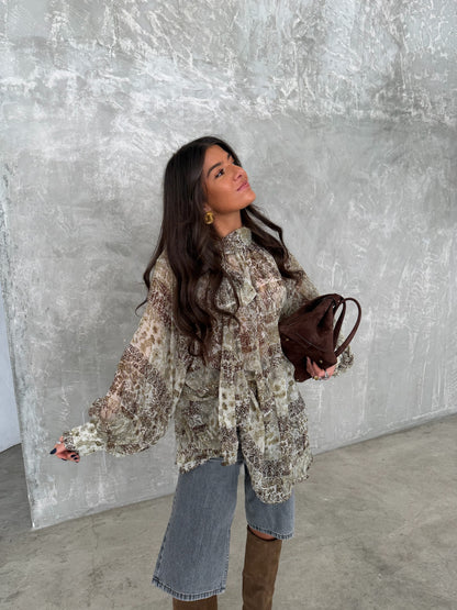 Printed Tie-Neck Blouse