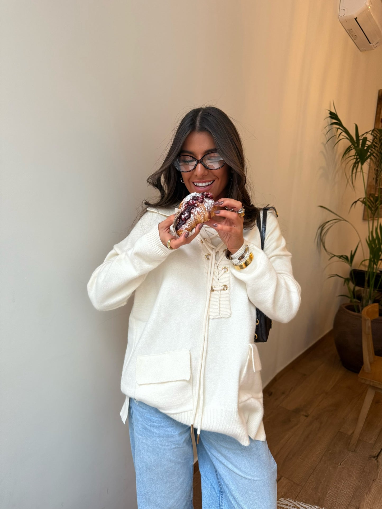 Ecru Knit Hoodie with Lace-Up Detail