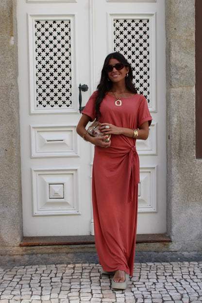 Long Dress with Side Knot in Terracotta