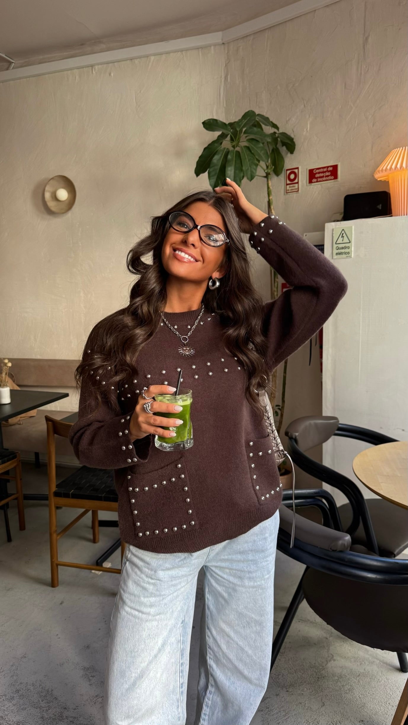 Chocolate Studded Knit Sweater