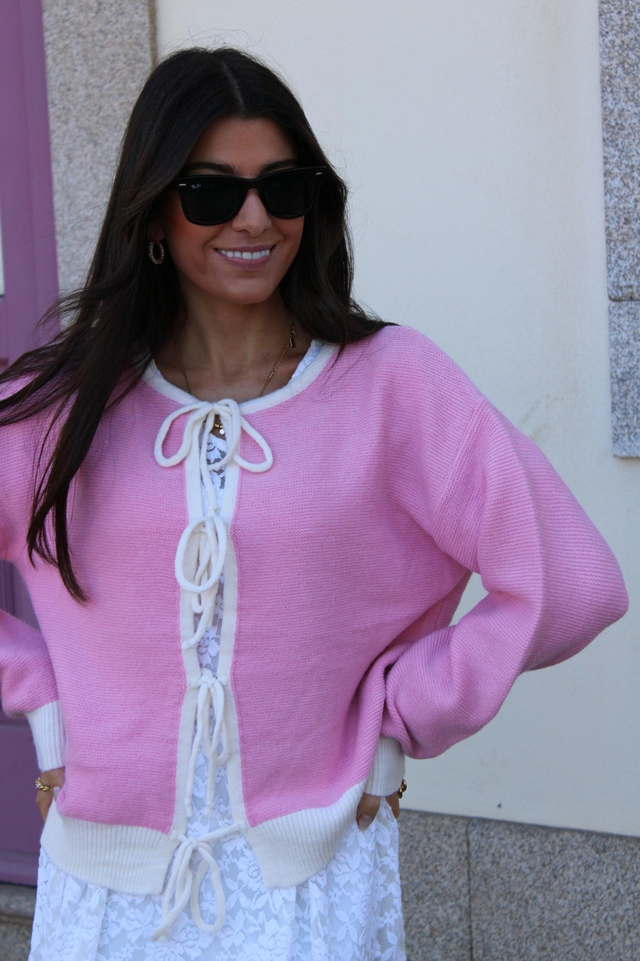 Cardigan Malha com Laços  - Rosa