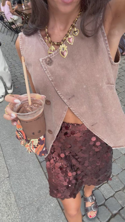 Taupe Denim Buttoned Vest