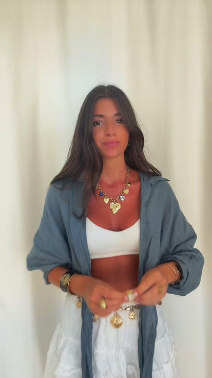 Smoky Blue Linen Shirt with Gold Ring Detail