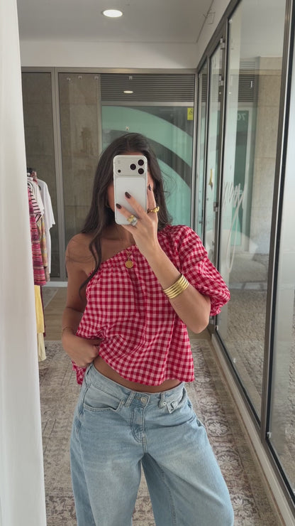 Pink & Red Gingham Asymmetric Top