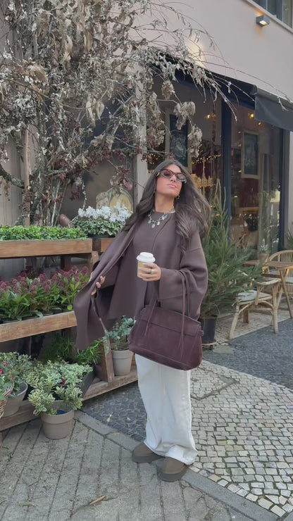 Scarf-Integrated Soft Knit Coat