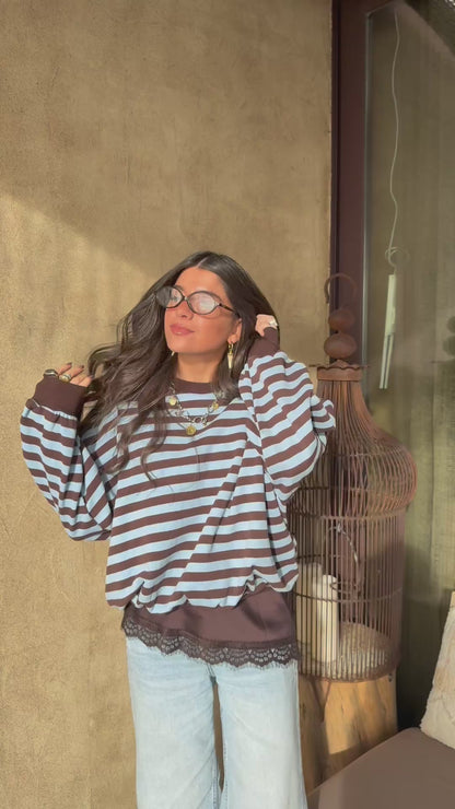 Blue & Chocolate Striped Fleece Sweatshirt